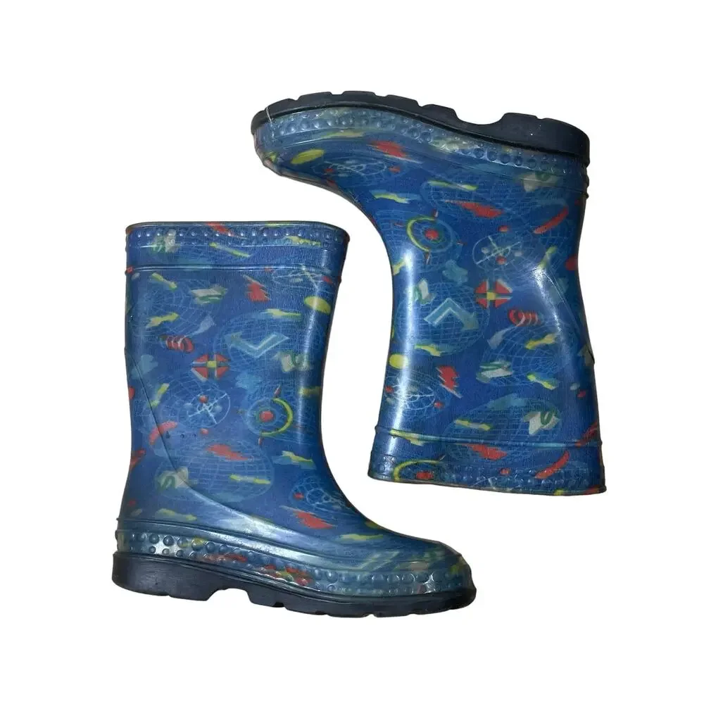LIttle Kid's Nautical Themed Blue Rain Boots - Size 11 - Compass & Ocean Maps